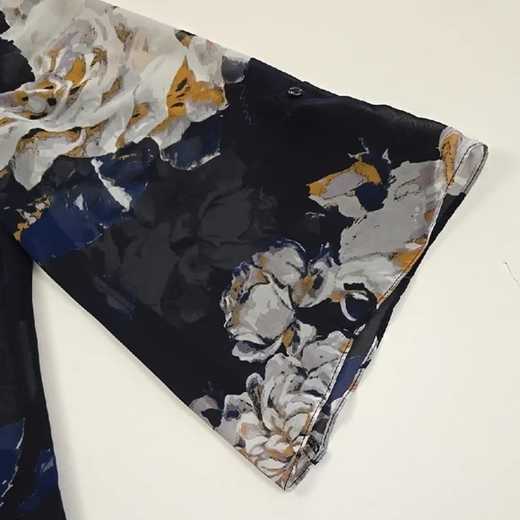 LAURA Women's Semi Sheer Blouse Top Blue Large White Floral Print Flowy Size XL - Picture 6 of 15